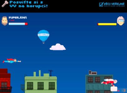 Hra Věcí veřejných: SuperJohn létá nad městem a svítí na úplatky