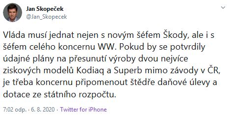 Jan Skopeček zvedl varovný prst. 