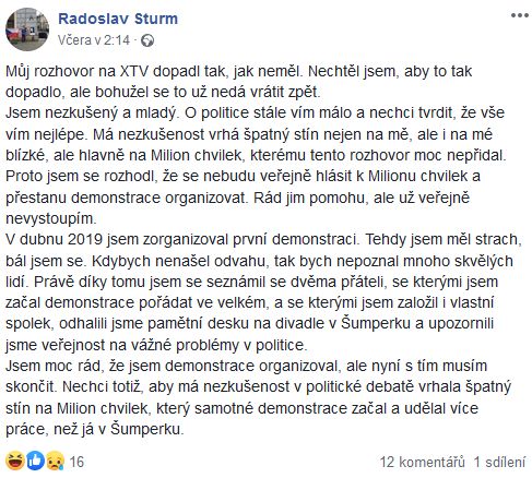 Radoslav Sturm lituje, že přijal pozvání od Veselého