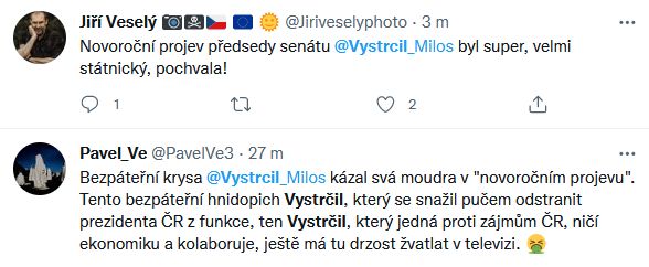 Reakce na projev Miloše Vystrčila. 