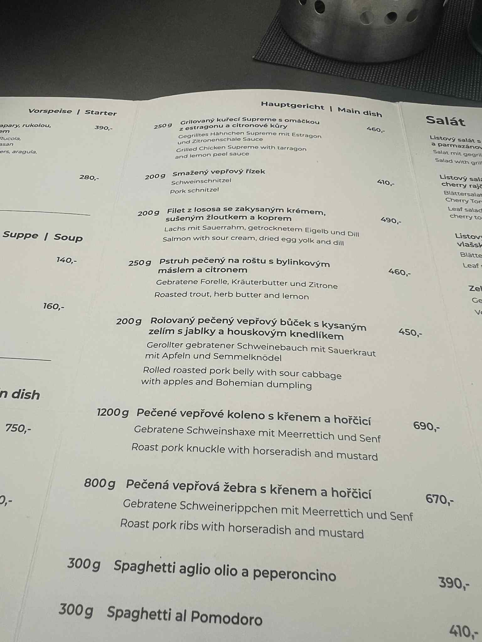 Ceny v jedné restauraci v Českém Krumlově 