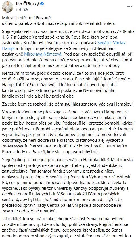Jan Čižinský podpořil Václava Hampla