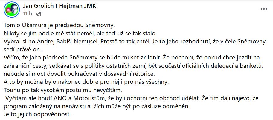 Jan Grolich promlouvá