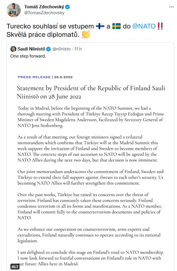 Turecko ustoupilo a Švédsko a Finsko mohou do NATO