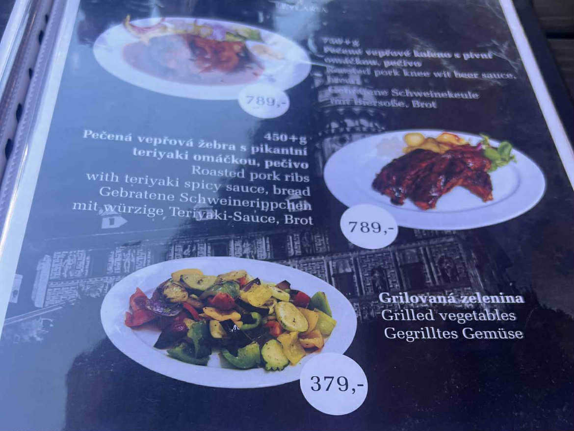 Ceny v jedné restauraci v Českém Krumlově 