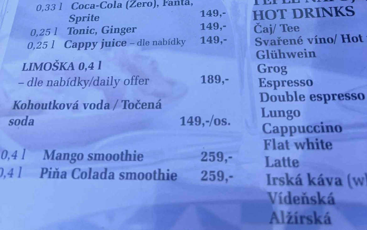 Ceny v jedné restauraci v Českém Krumlově