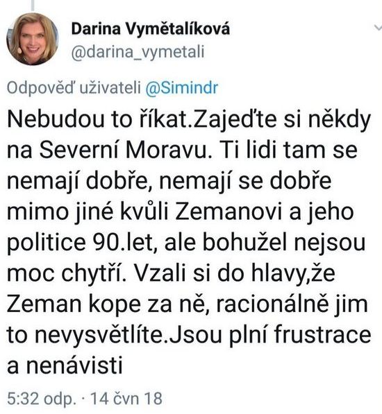 Darina Vymětlíková vyjádřila svůj osobní názor