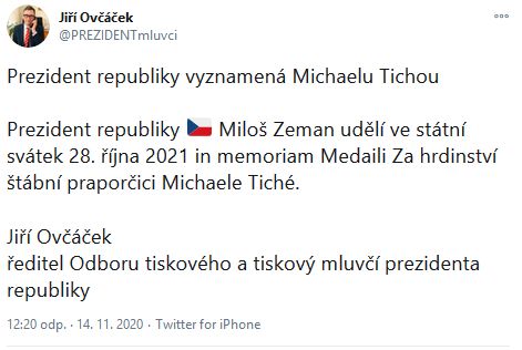 Zeman udělí státní vyznamenání vojačce Michaele Tiché. 