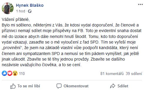 Hynek Blaško vyslal vzkaz do SPD