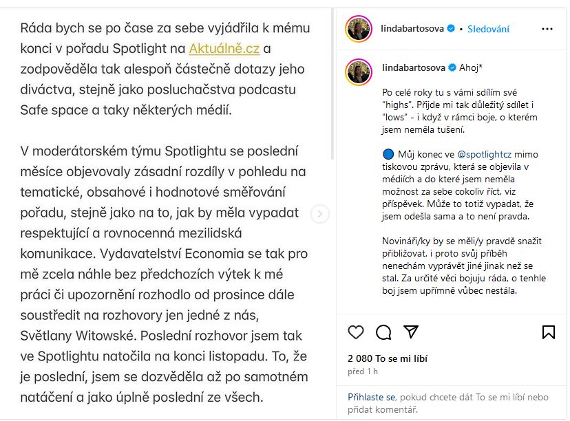 Linda Bartošová promlouvá