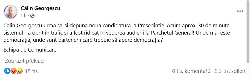 Tým rumunského prezidentského kandidáta Georgescua se hlásí o slovo