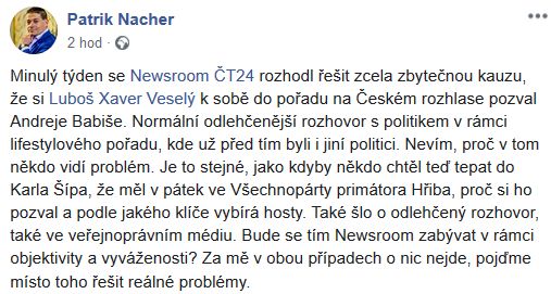 Poslanec Patrik Nacher píše o pořadu Newsroom ČT24