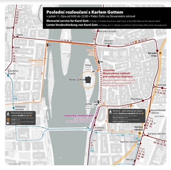 Orientační mapka s vyznačením koridorů a dopravních opatření