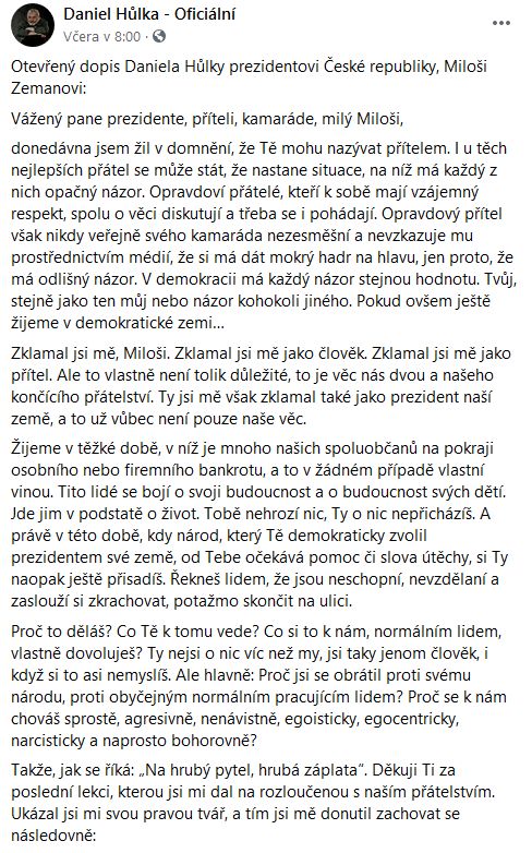 Daniel Hůlka napsal Miloši Zemanovi.