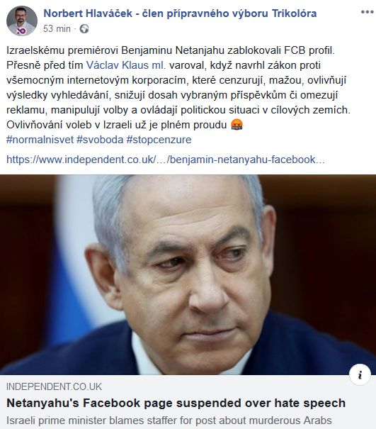 Norbert Hlaváček brání izraelského premiéra
