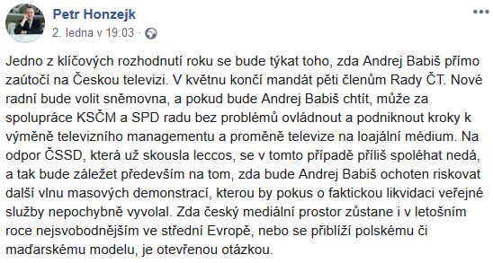 Petr Honzejk soudí, že v roce 2020 může Andrej Babiš zaútočit na ČT. 