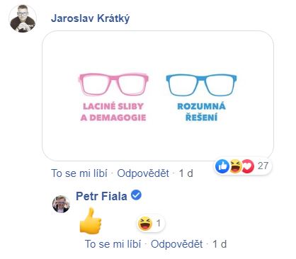 Uživatel Facebooku kometující status Petra Fialy