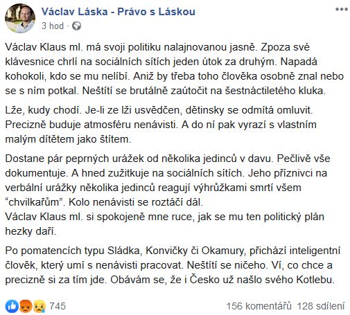 Václav Láska kritizuje Václava Klause mladšího
