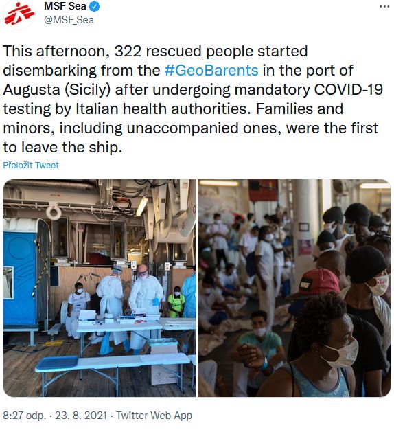 Migranti a uprchlíci z lodi neziskové organizace Lékaři bez hranic 