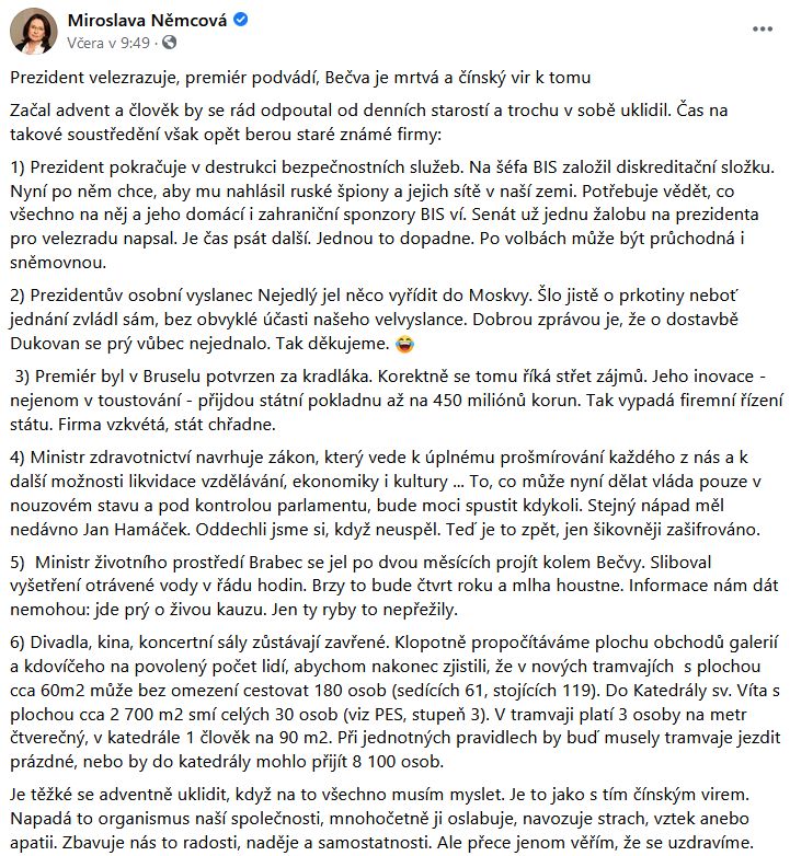 Miroslava Němcová zúčtovala s prezidentem Zemanem i s Babišovou vládou