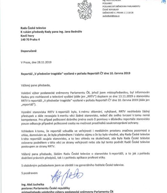 Poslanec Juchelka žádá o stanovisko Radu ČT