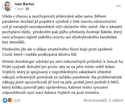 Ivan Bartoš udeřil na vládu