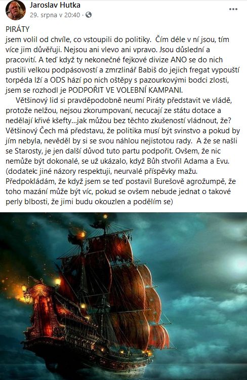 Jaroslav Hutka podpořil piráty