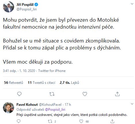 Jiří Pospíšil potvrdil, že leží v FN Motol 