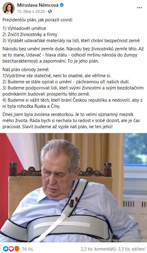 Miroslava Němcová udeřila na prezidenta Zemana