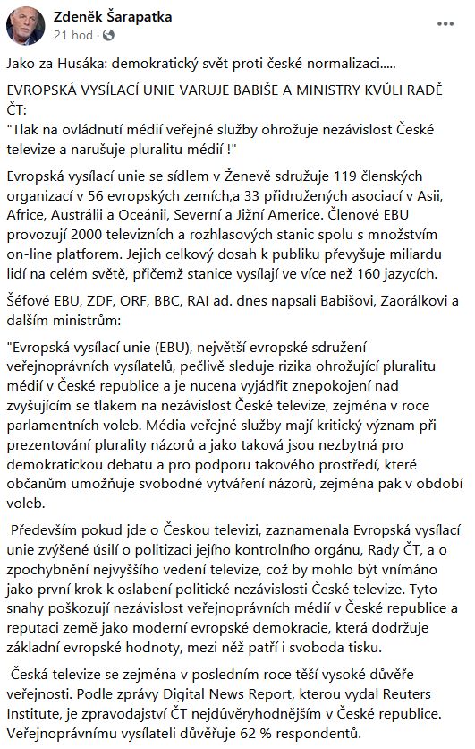 Zdeněk Šarapatka se zastal generálního ředitele ČT Petra Dvořáka