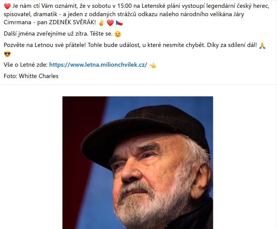 Zdeněk Svěrák podpořil chystanou demonstraci Milionu chvilek na Letné