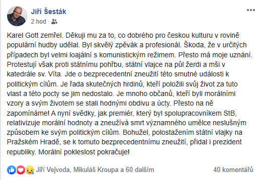 Jiří Šesták komentující smrt Gotta
