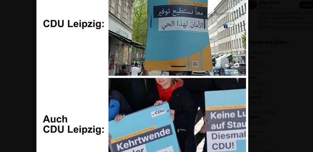Volební plakáty v arabštině. V Německu. Útok a velký povyk