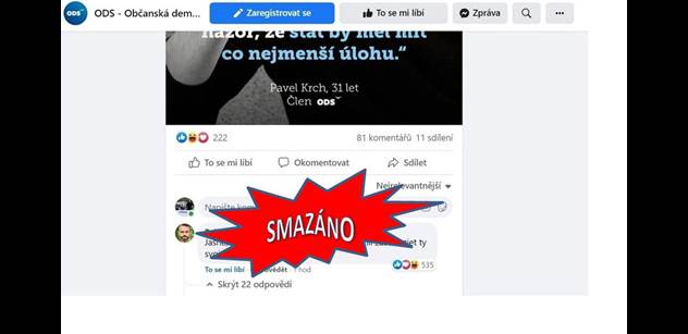 Šlachta zareagoval na status ODS na Facebooku. Jeho komentář byl okamžitě smazán, on zablokován. Jenže my to máme. Víme, co napsal