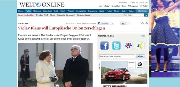 Klaus není jen proti eurohujerům, chce rozbít EU, píší Němci