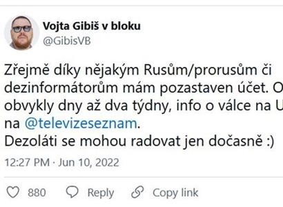 „To je kvůli Rusům.“ Novinář Gibiš dostal na Twitteru stopku. A je veselo