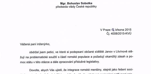 Premiér Sobotka odpověděl na petici k situaci v Janově. Devastování a kriminalita neskončí...